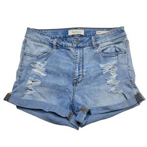 PacSun High Rise Super Stretch Shortie Shorts Light Wash Blue Distressed Sz 28